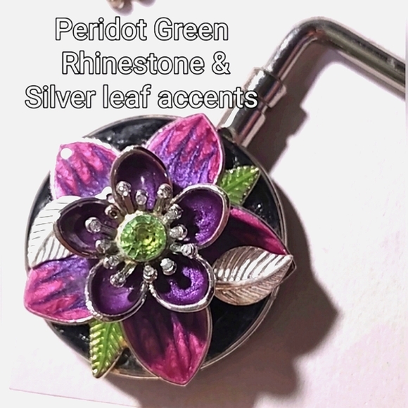 Purse Hook Handbag Holder Crystal Flower Design Choice of Center Stone - Picture 6 of 16